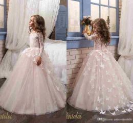 Robes Robes de filles de fleur papillon pour mariage 2020 pentelei avec manches longues et compliques de cou d'équipage rougir les petites filles roses