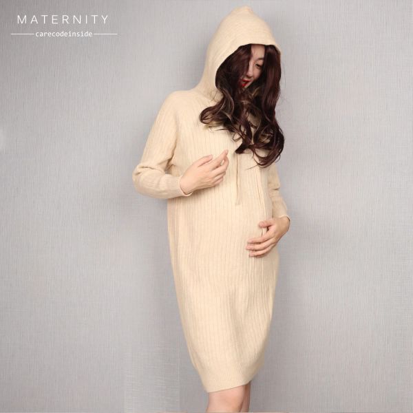 Vestidos Carecode Otoño Maternidad Suéter con capucha Invierno Casual Coreano Suelto Cálido Manga larga Color sólido Midi Vestido de maternidad de punto