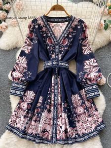 Jurken Casual 2024 2024 Fashion Paisley Flower Dress Dames V Neck Long Lantern Sleeve Floral Print Knoppen Down Sashes Short Mini Vestidos Estidos Estidos