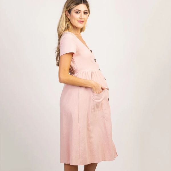 Vestidos botones casuales de bolsillo vestidos maternidad para mujeres embarazadas ropa algodón de algodón verano femenino