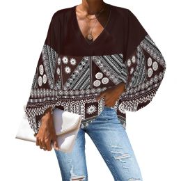 Jurken Casual Polynesische tribal Bruin Wit Fiji Tonga Bloemprint Aangepaste Lantaarn Mouw Chiffon Shirt Top 2022 Vneck Woman Blouse