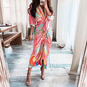 Jurken Casual vrouw jurk zomer elegante knoop ruches bandage shirt mode korte mouw effen v-hals strand maxi designer blouse