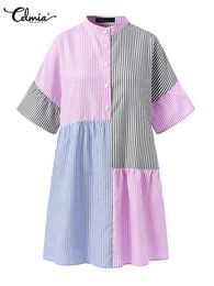 Платья Celmia, повседневное свободное мини-платье на пуговицах, женское платье в полоску в стиле пэчворк, элегантное летнее платье-рубашка 2023, короткий сарафан с коротким рукавом
