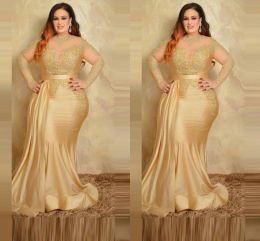 Jurken Champagne Gold Mermaid Avond Jurken 2022 Sheer oneck Lace Stain Plus Size lange mouwen gelegenheid prom Mother Formal Dress