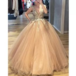 Robes Champagne Quinceanera D Applique florale perlée Scoop col transparent Tulle sur mesure bal princesse doux anniversaire Pageant fête robe de bal robes