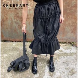 Jurken Cheerart Desinger Hoge taille rokken Dames 2021 Herfstmode Trekkoord Ruches Lange Midi Goth Rok met leren riem Kleding