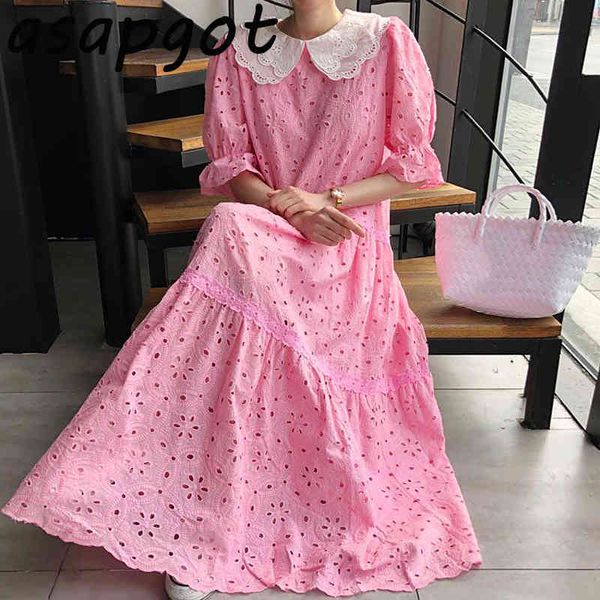 Vestidos Chic Coreano Sexy Hollow Out Pink Lace Peter Pan Collar Vestido Mujeres Flare Manga Patchwork Suelto Dulce Verano Moda 210429