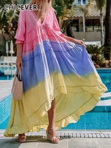 Jurken Chicever Ombre Patchwork Colorblock -jurk voor dames V Hals korte mouw losse midi -jurken vrouwelijke zomerkledingstijl nieuwe 2022