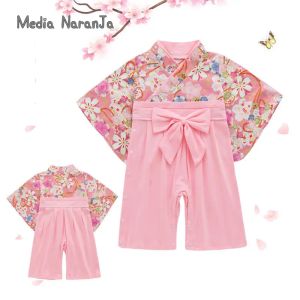 Habille des enfants kimono girlsbaby une pièce printemps d'été automne automne à manches longues japonais imprimer des tenues de vacances à la roberie à imprimé japonais costume