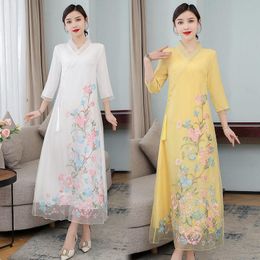 Vestidos estilo chino Hanfu Women's 2022 Summer Summer Ettnic Young Vestido bordado Zen Té largo Elegante Stand Collar Clothing H1126