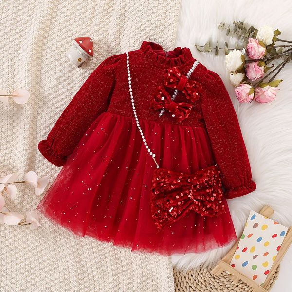 Robes Noël Robe petite fille rouge à manches longues en peluche en peluche en orvette à noix de nœud papillon