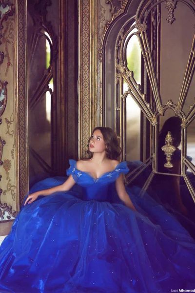 Robes Cendrillon bleu quinceanera robe élégante tulle luxe robe de bal de bal robes de bal longues manches de fleur de fête