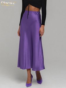 Jurken Clacive Casual Purple Satin Silk Rok Women High Tailed Summer Fashion Lange rok Nieuwe 2022 Elegante dameskantoor Midi -rokken