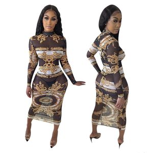 Robes vêtements Style européen femmes mode translucide taille mince col rond manches longues robe moulante grande taille