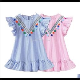 Robes Vêtements Bébé Enfants Maternité Drop Livraison 2021 Robe rayée avec glands Feuille de Lotus Manches Col Rond V Design Bébé Filles Jupe Out