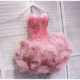 Robes Corset Ruffles Princess Prom Prom Prom Feather Back Short Mini chérie Custom fait des robes de fête en soirée