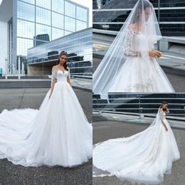 Robes cristal Design col transparent manches longues dentelle Appliques robes de mariée balayage Train une ligne robe de mariée