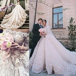 Robes Crystal Wedding 3D broderie florale Applique perle élégante hors épaule à manches longues Cathédrale Vestido de Novia