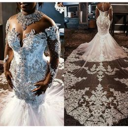 Robes Crystals 2021 Haute sirène cou pur illusion Chapelle Train dentelle Applique Robe de mariage perlé Vestido de Novia