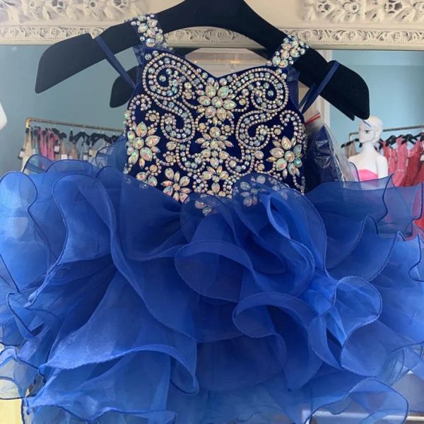 Vestidos Cupcake Glitz Little Girl Pageant Dress 2020 Royal Blue Velvet Organza Escata de concurso para adolescentes para niños pequeños Cristal de abalorización mayor