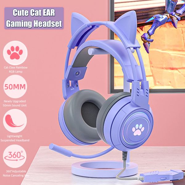 Robes CHAT CAT OEL GAMING CASHPHONES AVEC Mic Bruit réduit RGB Rose Girls Headset Gamer Accessoires pour PS4 Xbox Phone PC Kid Gift