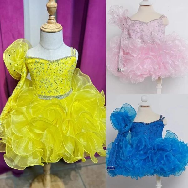 Robes Glitz Pageant Robe 2024 À Manches Longues 3D Fleur Bleu Royal Dentelle Perles Cristal Cupcake Pageant Robes De Fête Bébé Fille Cravate