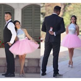 Vestidos Lindo Homecoming Pink Tulle Halter Sier Sequins Juniors Prom Party Ball Ball Gradutation Diseño formal hecho a medida