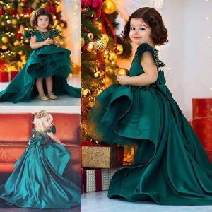 Robes Dark Hunter Green High Flower Girl Robes pour le mariage Satin et Organza Girls Pageant Robes Big Bow Sweep Train Flower Girl D