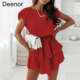 Jurken Deenor Mode Vrouwen Zomer Mouwloze Soild Prinses Jurken voor Vrouwen Elegante Ruche Casual Losse Oneck Dubbellaags Jurk