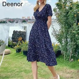 Robes Deenor Summer Femmes Hobe Floral Print Bohemia Long Murffon Robe Ruffles Wrap Casual Vneck Sexy Party Robe Robe