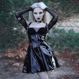 Robes dmlfzmy punk en cuir solide foncé en cuir massif vintage jupes noires à fermeture éclair plissé mince en cuir jupe femme haute taille