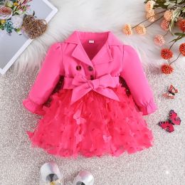 Jurken jurk voor kinderen 324 maanden lange mouw schattige vlinder borduurwerk gaas met riem prinsesknopjurken voor pasgeboren babymeisje