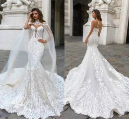 Robes Dubaï Arabe Nouvelles robes de mariée sirène High Jewel Neck Button Court Train Bridal Robe Vestidos de Noiva DR FORMAL