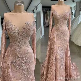 Vestidos Dusty Pink Evening Bateau Escote Mangas largas Apliques de encaje Con cuentas Satén Longitud del piso Una línea Por encargo Vestido de fiesta formal Vestidos de talla grande 2022