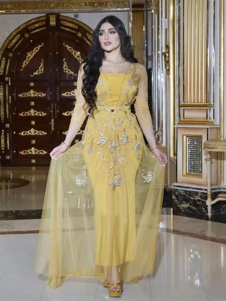 Robes Caftan marocain élégant robes de soirée formelles appliques de dentelle dorée 2 pièces arabe musulman sauge robes d'occasion spéciale longueur de plancher