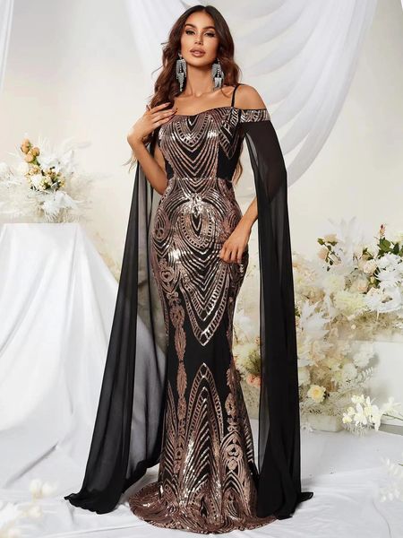 Vestidos Vestidos de fiesta elegantes Rebordear Apliques Cuello alto Lentejuelas de sirena Vestidos de noche negros dorados 2023 Sirena modesta formal larga y barata