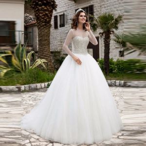 Jurken Elegant Wedding Dress 2019 Illusie Haltecijfer Lange mouw Beading Bodice Vestido de Noiva Sheer Back Aline Court Train Tule Bridal