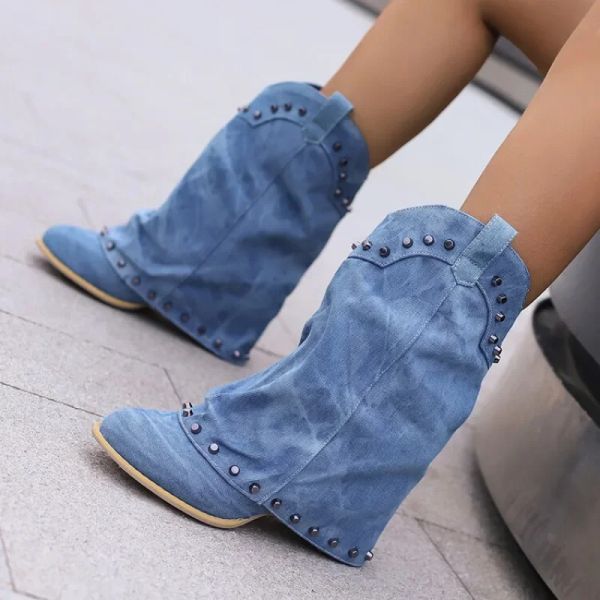 Robes Jupe à manches en denim rétro européenne et américaine, bottes occidentales de style britannique pour femmes, bottes de chevalier à talons hauts épais, 2023