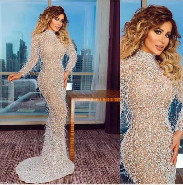 Vestidos Vestido de noche Yousef Aljasm Kim Kardashian High Neck Mermaid Pearls Manga larga Kylie Jenner Haifa Zuhair Murad Ziadnakad 0014