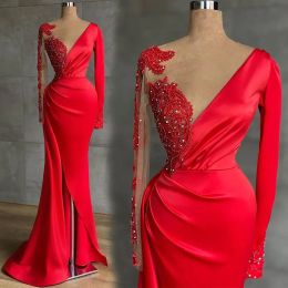 Robes robes de soirée Robe de fête de bal rouge sirène formelle personnalisée nouvelle manche longue plus en dentelle en dentelle à fermeture éclair
