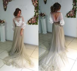 Robes de soirée à manches longues bijou col transparent avec appliques robes de bal dos nu balayage train tulle sur mesure formelle Ocn robe Vintage