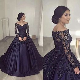 Jurken avond marine lange blauwe mouwen kanten applique van de schouder satijn op maat gemaakte vloerlengte formele ocn draag Arabische prom jurk vestidos