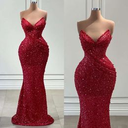Robes Soirée Red Sexy Sequins Sweetheart Sirène fête Prom Sweep Train Train Pleas Long Robe pour Special OCN