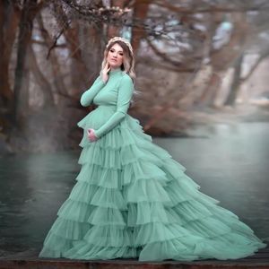 Robes conte de fées vert menthe à plusieurs niveaux Tulle Maxi jupes femmes à la maternité photo moelleux gonflé volants longues jupes en Tulle élastique