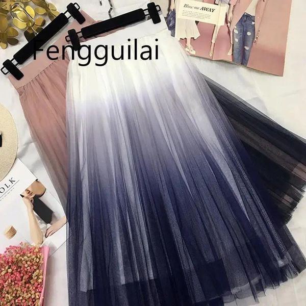 Vestidos Fengguilai Hermoso Color Degradado Faldas Largas De Tul Mujeres Coreanas Aline Falda Maxi Plisada De Cintura Alta Falda Escolar Femenina Chica