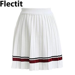 Vestidos Flectit Minifalda Plisada De Mujer Minifalda De Punto Con Ribete A Rayas De Cintura Alta Estilo Preppy Para Chica De Secundaria En Blanco Azul Marino