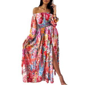 Robes pour femme Elegant Femmes Robe Floral Robes Vintage Vintage Summer Slash Neck Paisley Print Kim Kardashian Style Middle Taist S 3xl Summer Robe Maxi Robe