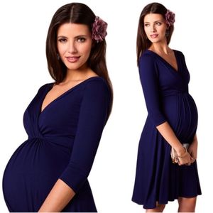 Vestidos para mujeres embarazadas maternidad cuello en V manga tres cuartos plisado ropa hermosa fiesta de embarazo vestido de noche 220419