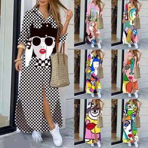 Retail Women Maix Dresses Designer 2024 Nieuw patroon Gedrukte lange mouwen Casual Dress Button Pocket Lange rok 24 kleuren