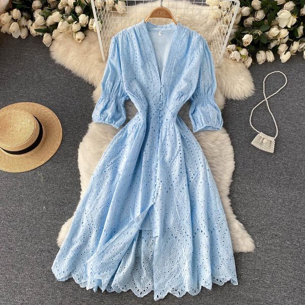 Robes Français Simple boutonnage col en V Jacquard robe Simple femmes 2022 évider broderie lanterne manches douce Lolita robe de vacances